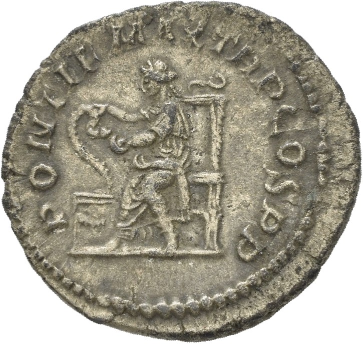 RIC IV Macrinus 23b Macrinus reverse, Salus, draped, seated left on throne with high back, feeding snake, coiled round altar