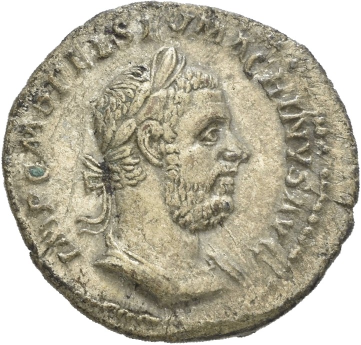 RIC IV Macrinus 23b Macrinus obverse, Bust of Macrinus, laureate, long bearded, draped, right