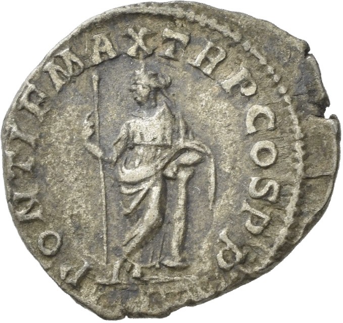 RIC IV Macrinus 24b Macrinus reverse, Securitas, draped, standing left, legs crossed, holding sceptre in right hand and re...