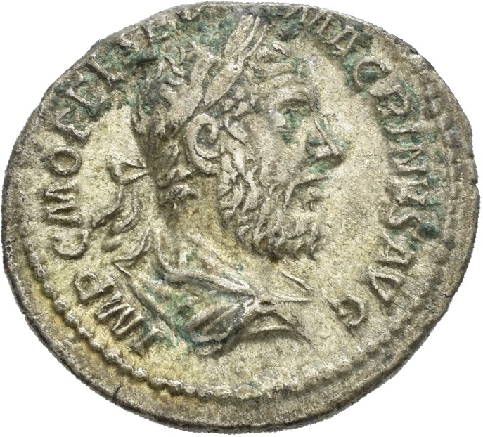 RIC IV Macrinus 26a Macrinus obverse, Bust of Macrinus, laureate, long bearded, draped, right