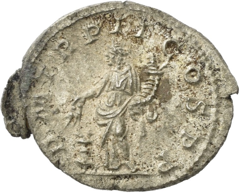 RIC IV Macrinus 26a Macrinus reverse, Annona, draped, standing left, holding corn-ears and cornucopiae; at her feet, modiu...