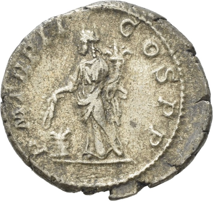 RIC IV Macrinus 26a Macrinus reverse — Annona, draped, standing left, holding corn-ears and cornucopiae; at her feet, modi...