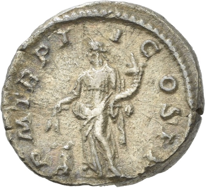 RIC IV Macrinus 26b Macrinus reverse, Annona, draped, standing left, holding corn-ears and cornucopiae; at her feet, modiu...