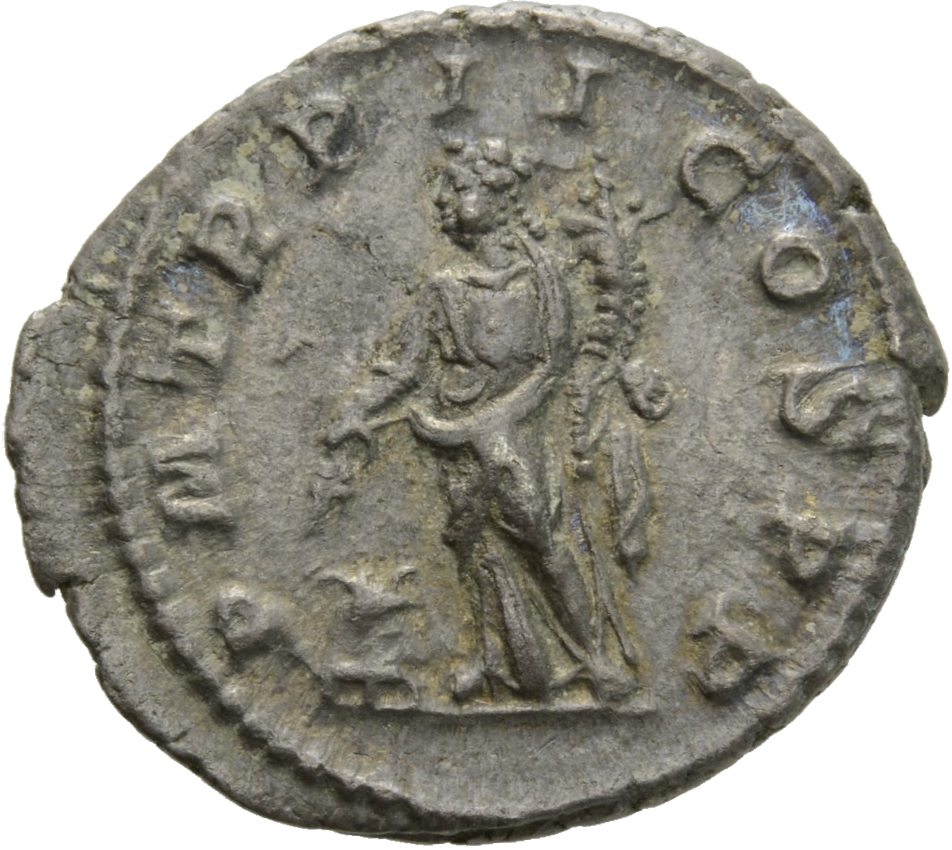 RIC IV Macrinus 26c Macrinus reverse, Annona, draped, standing left, holding corn-ears and cornucopiae; at her feet, modiu...
