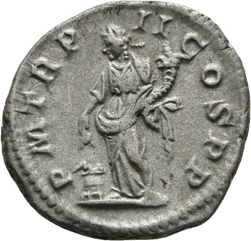 RIC IV Macrinus 26c Macrinus reverse — Annona, draped, standing left, holding corn-ears and cornucopiae; at her feet, modi...