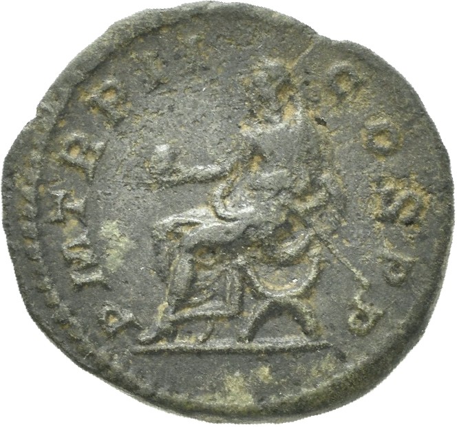 RIC IV Macrinus 27a Macrinus reverse, Macrinus, togate, seated left on curule chair, holding globe in right hand and short...