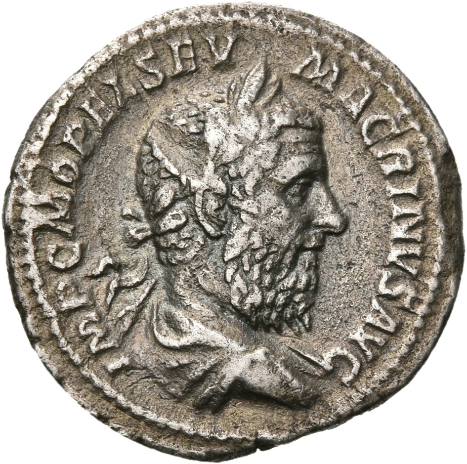 RIC IV Macrinus 27a Macrinus obverse — Bust of Macrinus, laureate, long bearded, draped, right