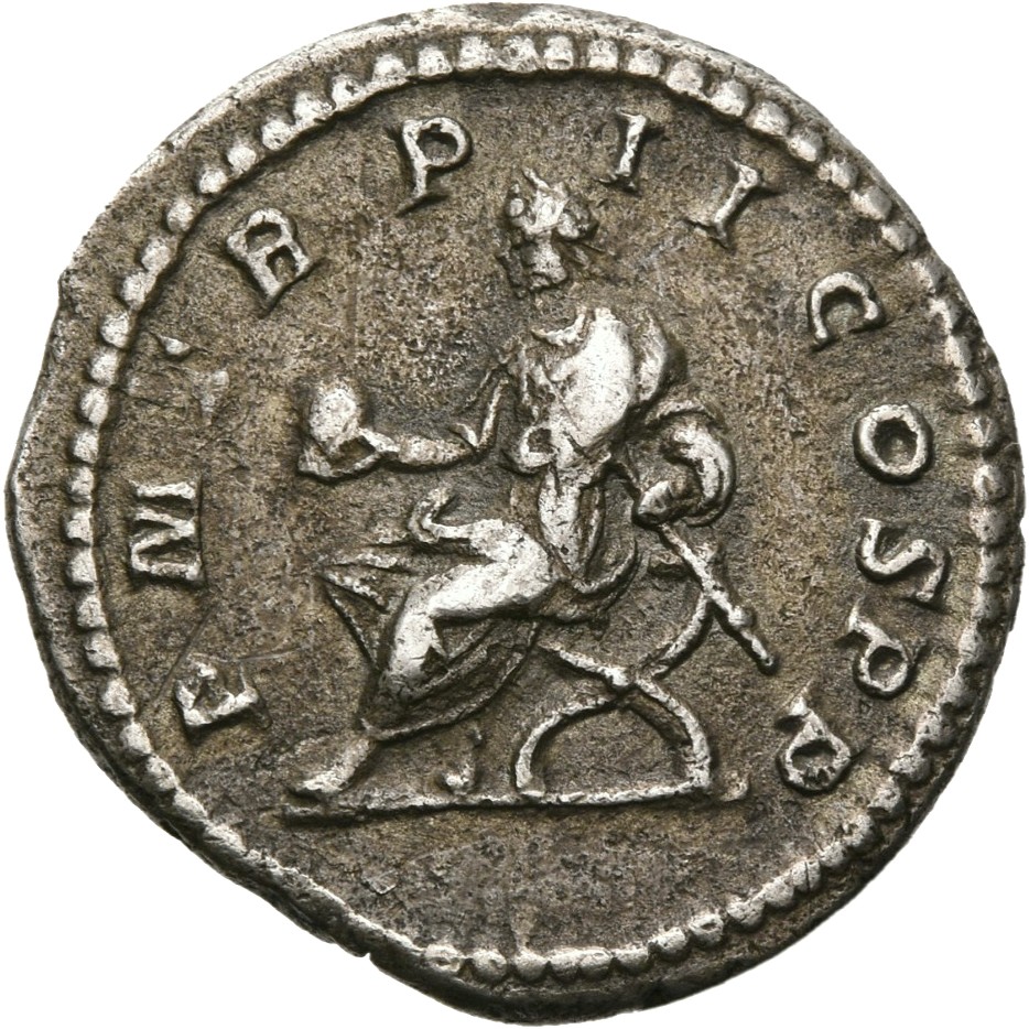 RIC IV Macrinus 27a Macrinus reverse — Macrinus, togate, seated left on curule chair, holding globe in right hand and shor...