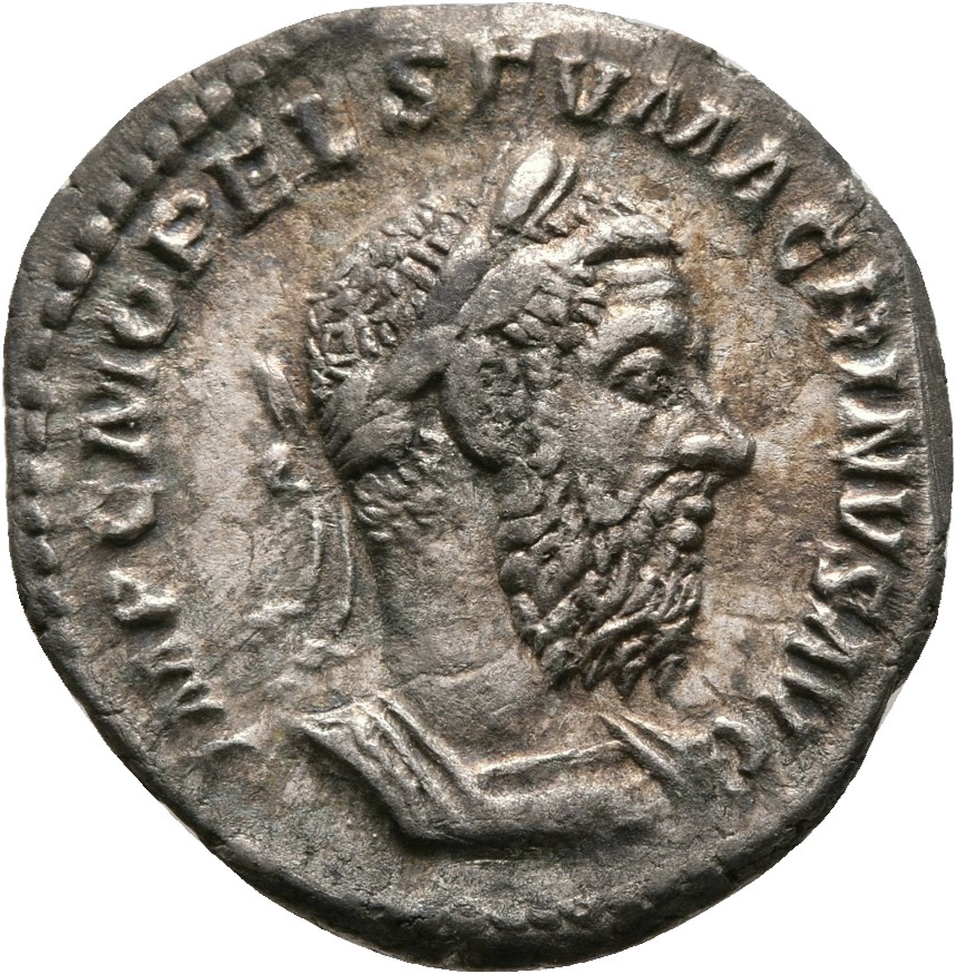 RIC IV Macrinus 27b Macrinus obverse, Bust of Macrinus, laureate, long bearded, cuirassed, right