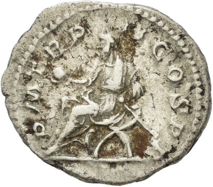RIC IV Macrinus 27b Macrinus reverse, Macrinus, togate, seated left on curule chair, holding globe in right hand and short...