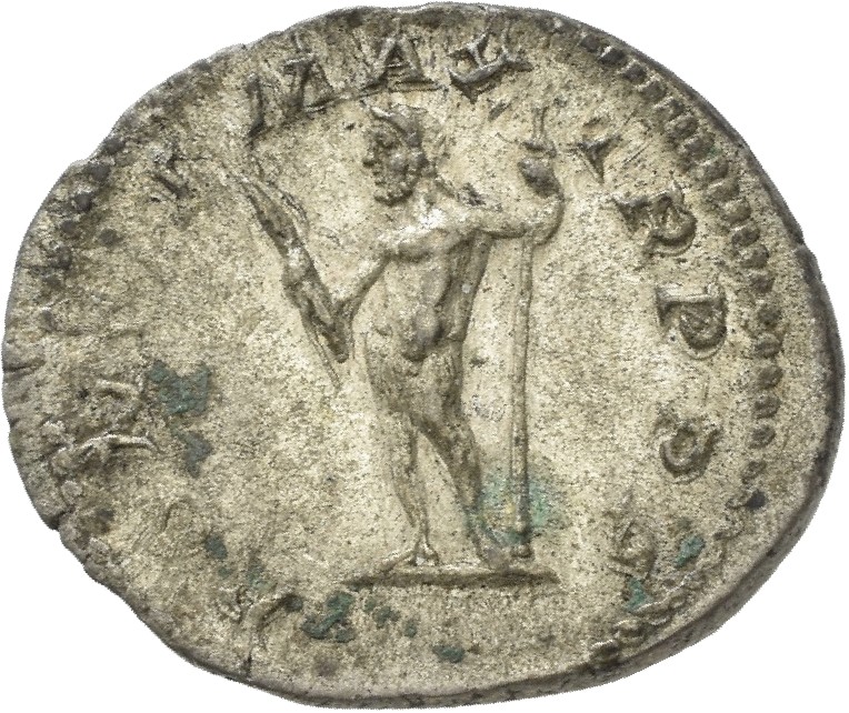 RIC IV Macrinus 2b Macrinus reverse, Jupiter, head left, nude, standing front, holding thunderbolt in right hand and scept...