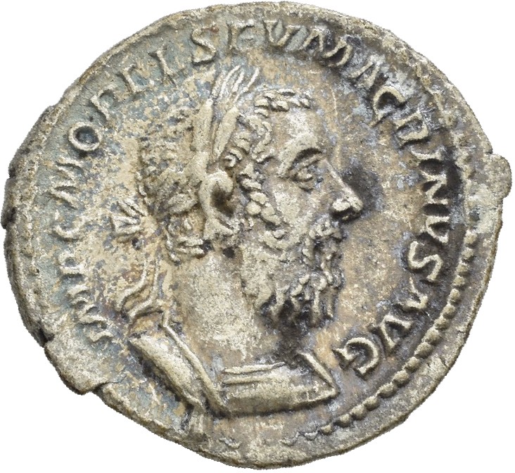 RIC IV Macrinus 32b Macrinus obverse, Bust of Macrinus, laureate, long bearded, cuirassed, right