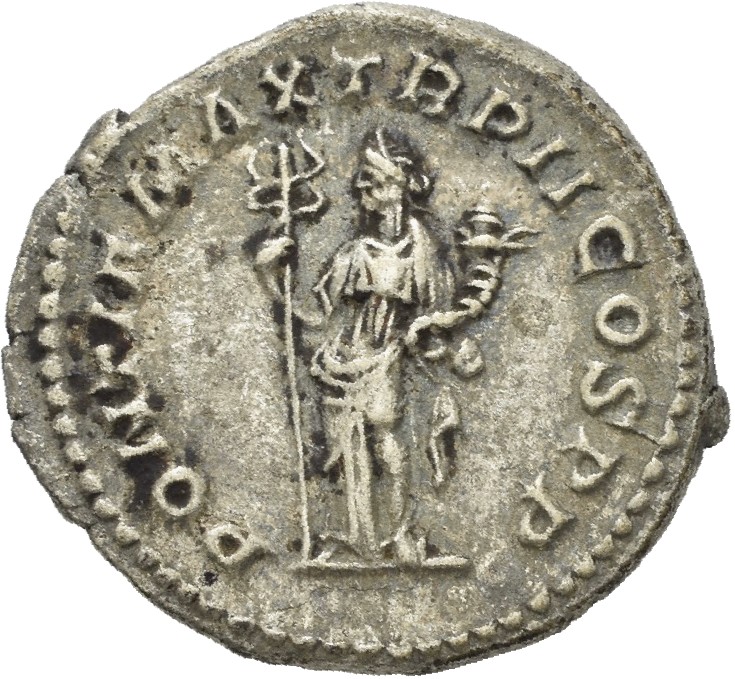 RIC IV Macrinus 32b Macrinus reverse, Felicitas, draped, standing left, holding long caduceus in right hand and cornucopia...