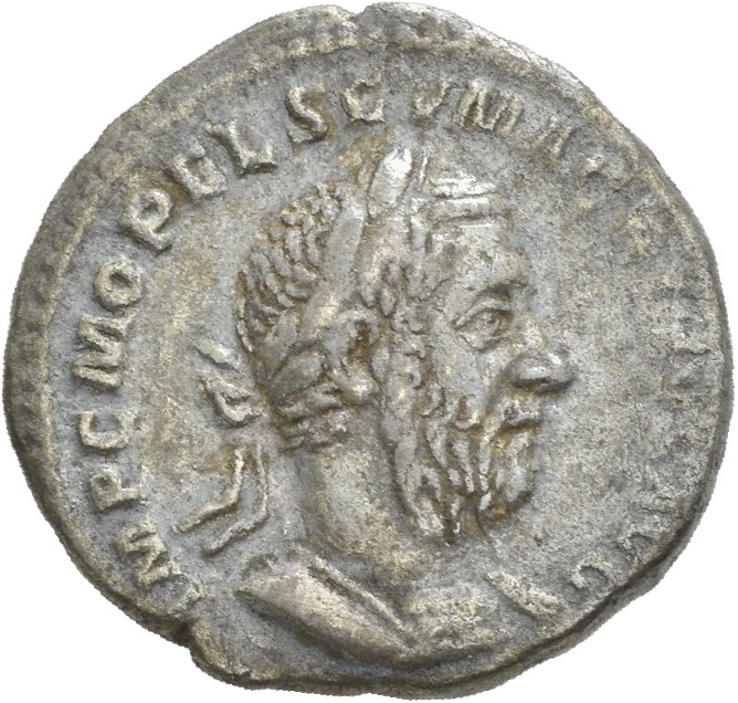 RIC IV Macrinus 35 Macrinus obverse, Bust of Macrinus, laureate, long bearded, cuirassed, right