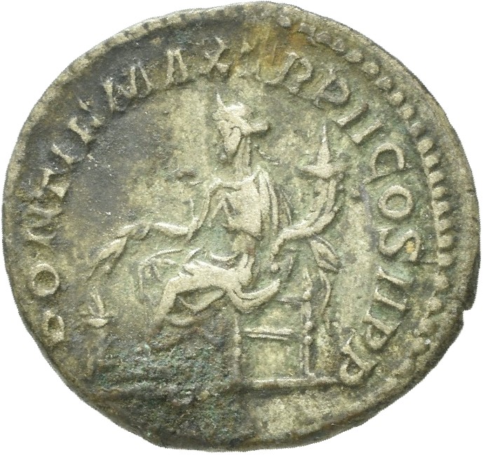 RIC IV Macrinus 39b Macrinus reverse, Annona, draped, seated left, holding corn-ears in right hand and cornucopiae in left...