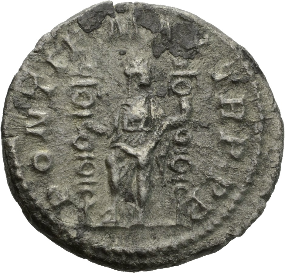 RIC IV Macrinus 3c Macrinus reverse, Fides, head right, standing front, holding standard in each hand, right foot on helmet
