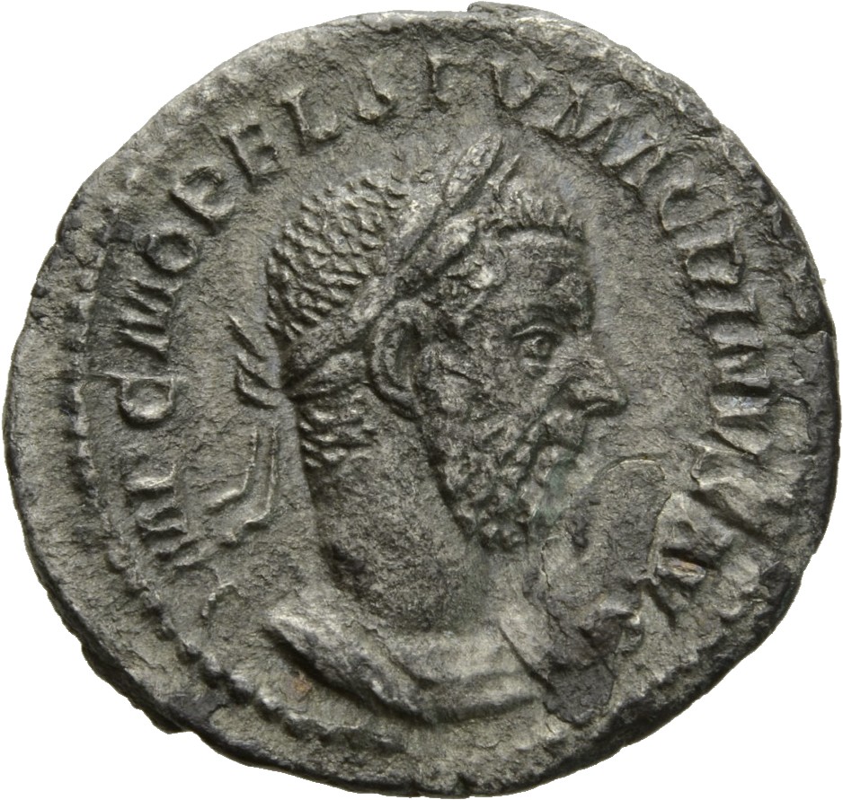 RIC IV Macrinus 3c Macrinus obverse, Bust of Macrinus, laureate, long bearded, draped, cuirassed, right
