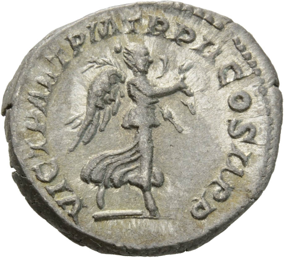 RIC IV Macrinus 49 Macrinus reverse, Victory, winged, draped, walking right, holding wreath in right hand and palm in left...