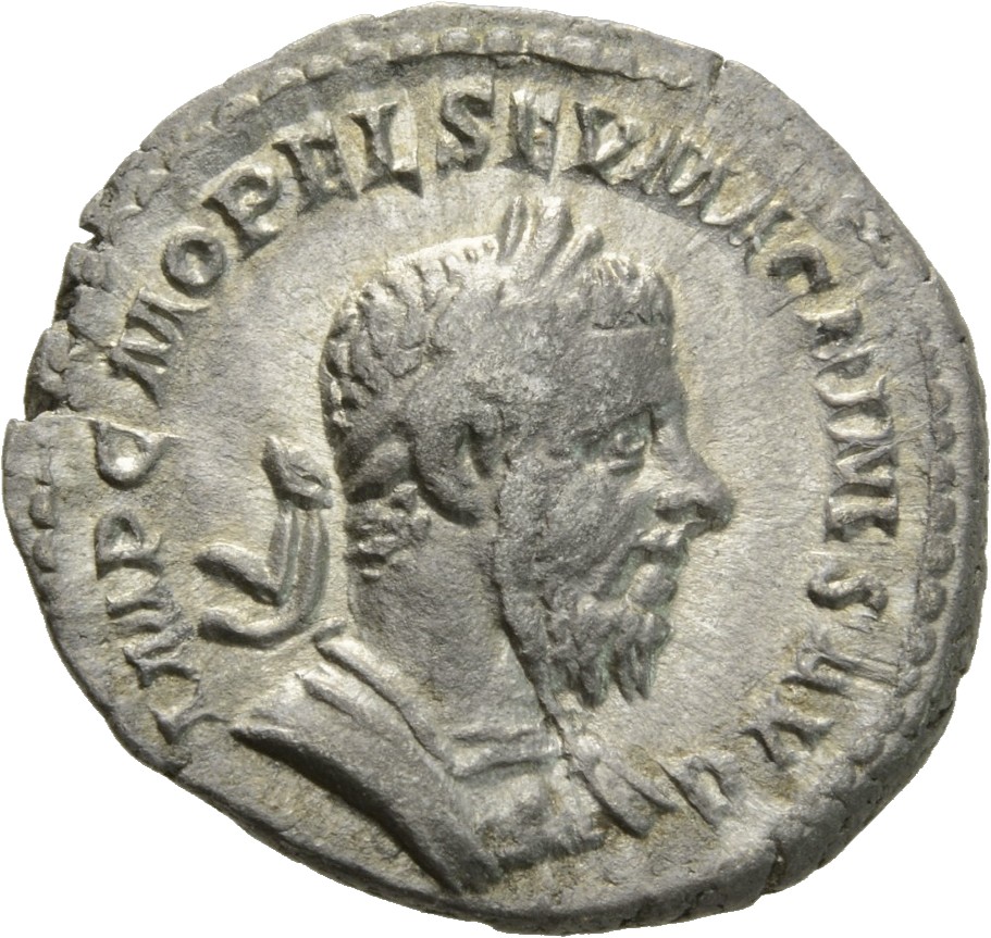 RIC IV Macrinus 49 Macrinus obverse, Bust of Macrinus, laureate, long bearded, cuirassed, right