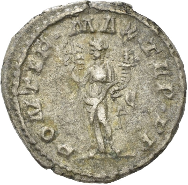 RIC IV Macrinus 4b Macrinus reverse, Felicitas, draped, standing left, holding long caduceus in right hand and cornucopiae...