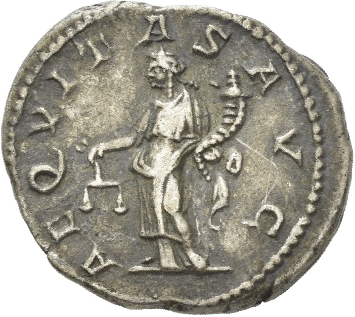 RIC IV Macrinus 53a Macrinus reverse, Aequitas, draped, head left, standing front, holding scales in right hand and cornuc...