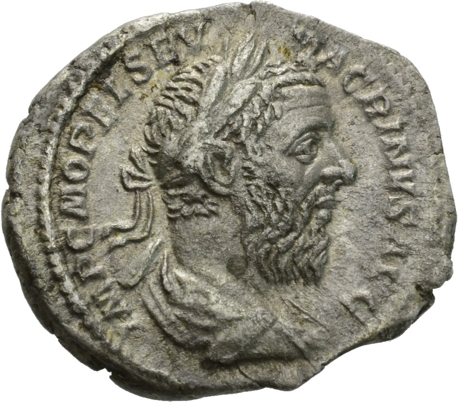RIC IV Macrinus 53c Macrinus obverse, Bust of Macrinus, laureate, long bearded, draped, cuirassed, right