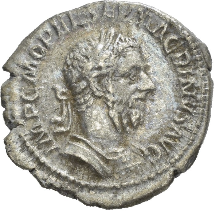 RIC IV Macrinus 55b Macrinus obverse, Bust of Macrinus, laureate, cropped bearded, cuirassed, right