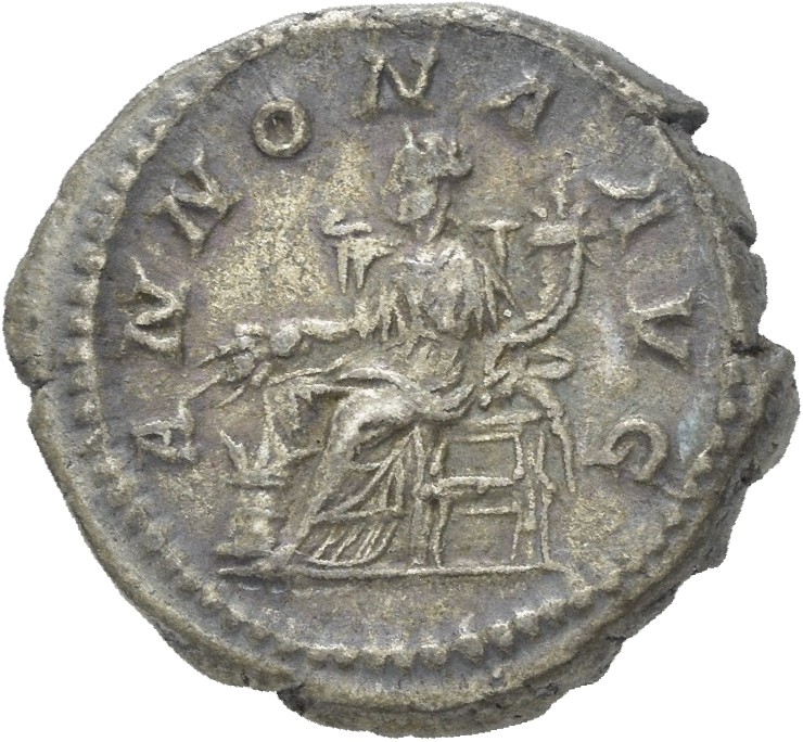 RIC IV Macrinus 55b Macrinus reverse, Annona, draped, seated left, holding two corn-ears in right hand and cornucopiae in ...