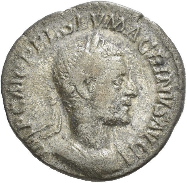 RIC IV Macrinus 55b Macrinus obverse, Bust of Macrinus, laureate, cropped bearded, cuirassed, right