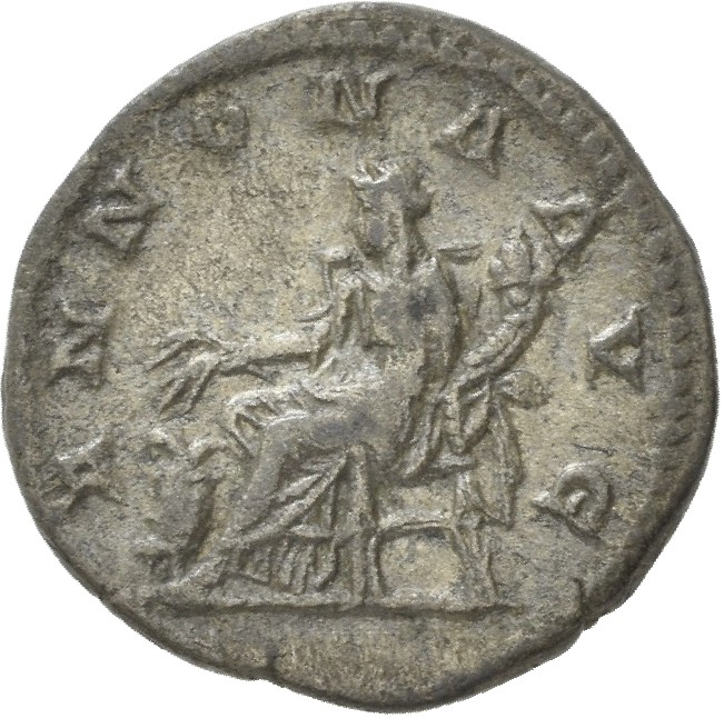 RIC IV Macrinus 55b Macrinus reverse, Annona, draped, seated left, holding two corn-ears in right hand and cornucopiae in ...
