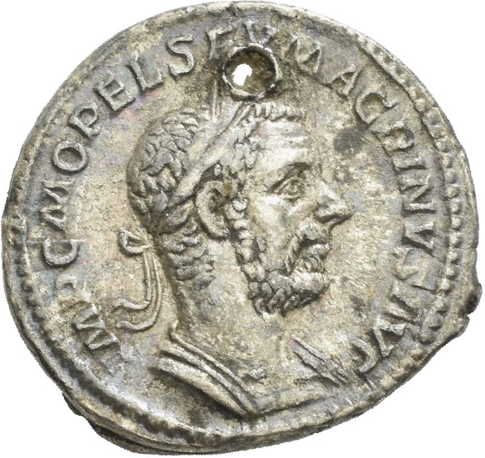 RIC IV Macrinus 59 Macrinus obverse, Bust of Macrinus, laureate, cropped bearded, cuirassed, right