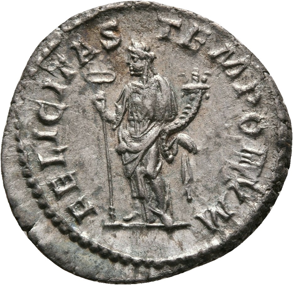 RIC IV Macrinus 59 Macrinus reverse, Felicitas, draped, standing left, holding long caduceus in right hand and cornucopiae...