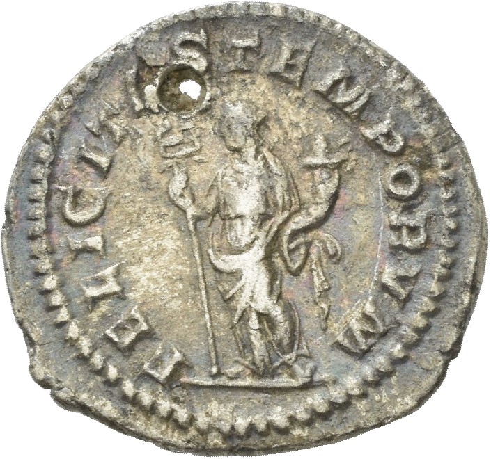 RIC IV Macrinus 59 Macrinus reverse, Felicitas, draped, standing left, holding long caduceus in right hand and cornucopiae...