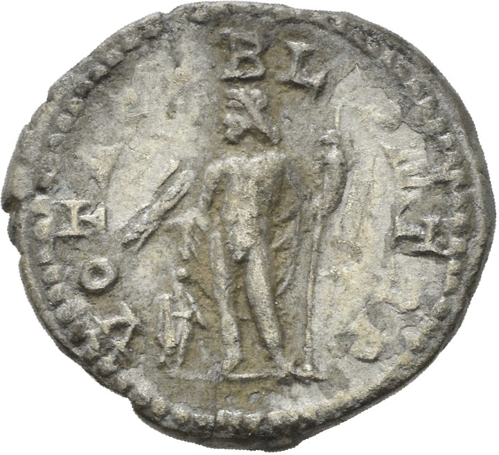 RIC IV Macrinus 5b Macrinus reverse, Jupiter, nude except for cloak over left arm, standing left, holding thunderbolt in r...