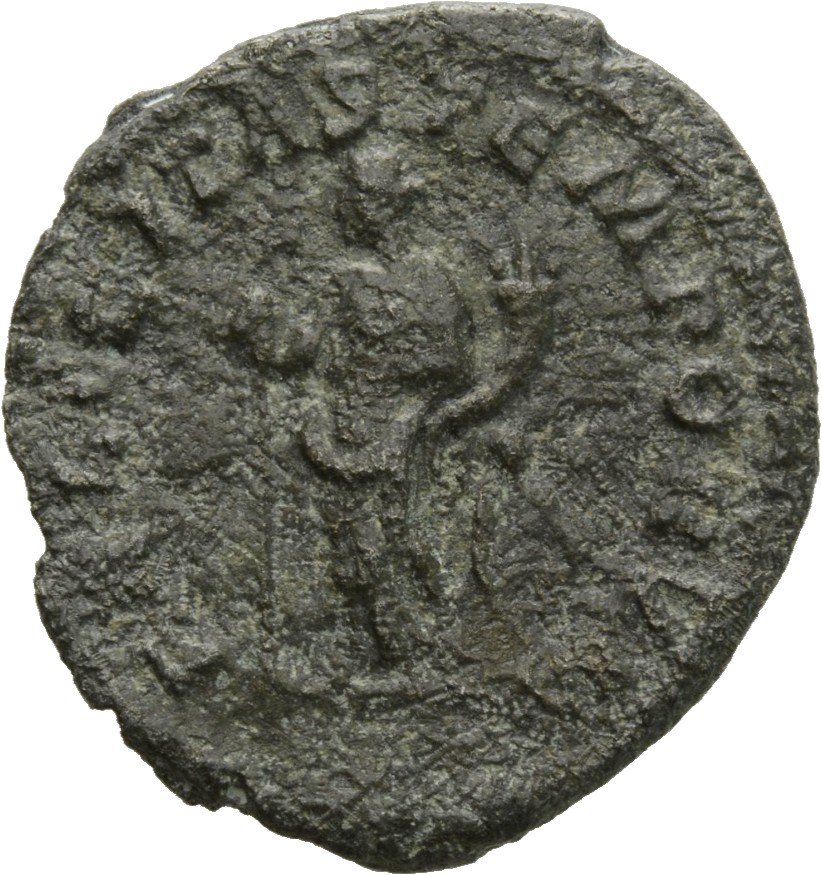 RIC IV Macrinus 60b Macrinus reverse, Felicitas, draped, standing left, holding long caduceus in right hand and cornucopia...