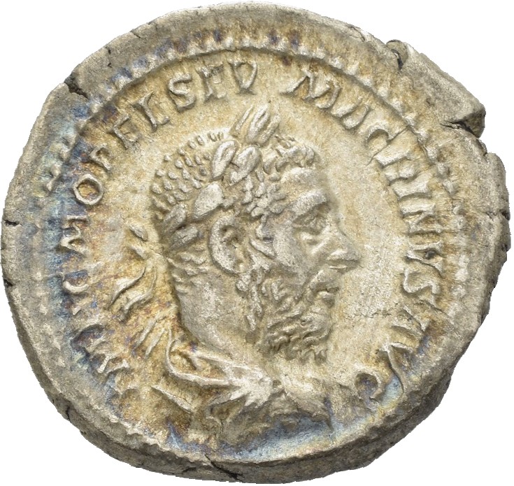 RIC IV Macrinus 60c Macrinus obverse, Bust of Macrinus, laureate, long bearded, draped, cuirassed, right