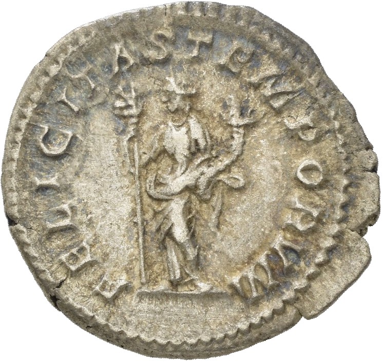 RIC IV Macrinus 60c Macrinus reverse, Felicitas, draped, standing left, holding long caduceus in right hand and cornucopia...