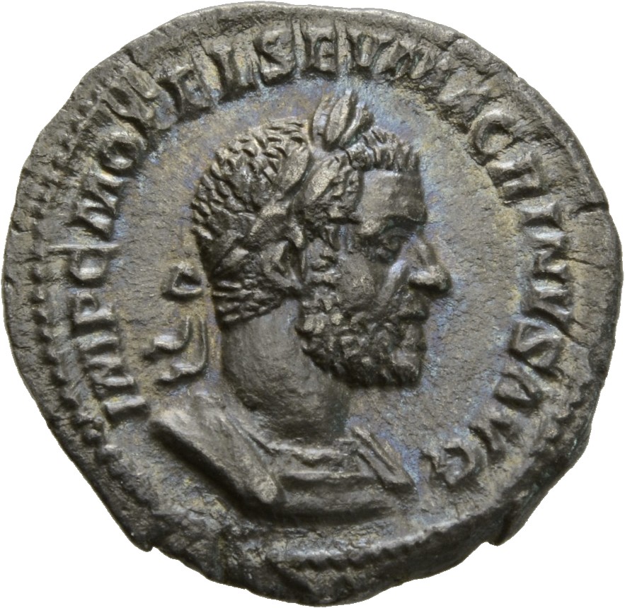 RIC IV Macrinus 62b Macrinus obverse, Bust of Macrinus, laureate, cropped bearded, cuirassed, right