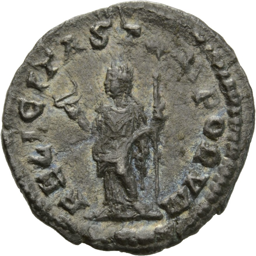 RIC IV Macrinus 62b Macrinus reverse, Felicitas, draped, standing left, holding long caduceus in right hand and cornucopia...