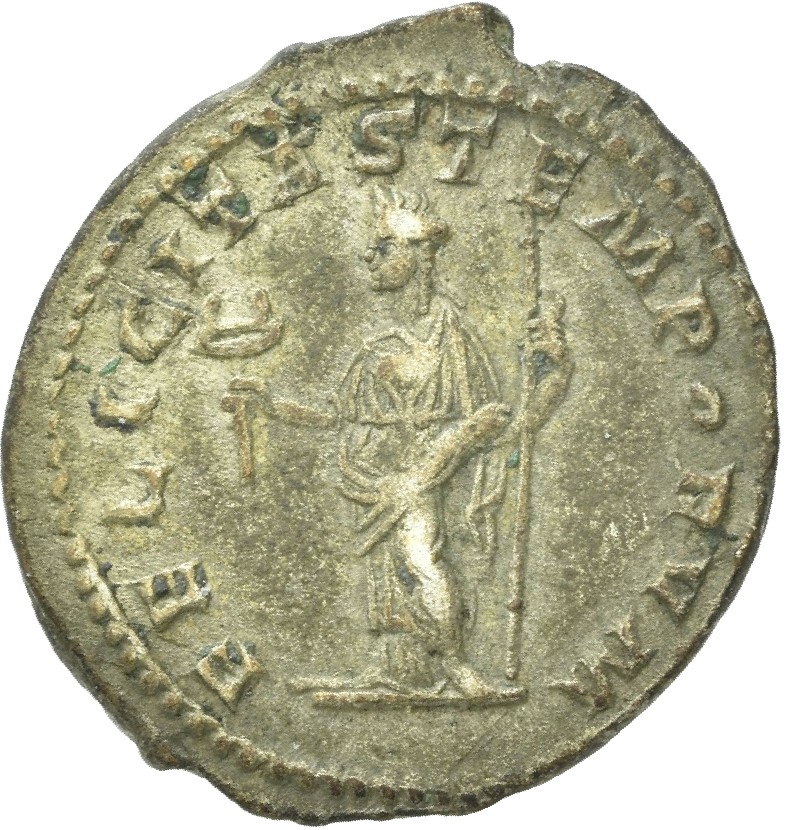 RIC IV Macrinus 63d Macrinus reverse, Felicitas, draped, standing left, holding long caduceus in right hand and cornucopia...