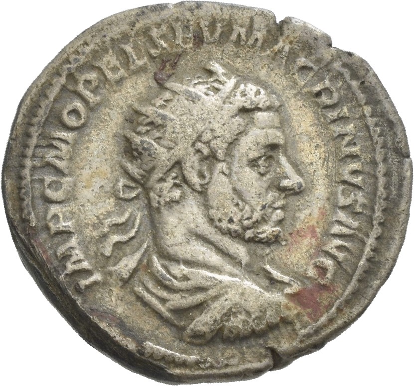 RIC IV Macrinus 63f Macrinus obverse, Bust of Macrinus, radiate, cropped bearded, draped, cuirassed, right