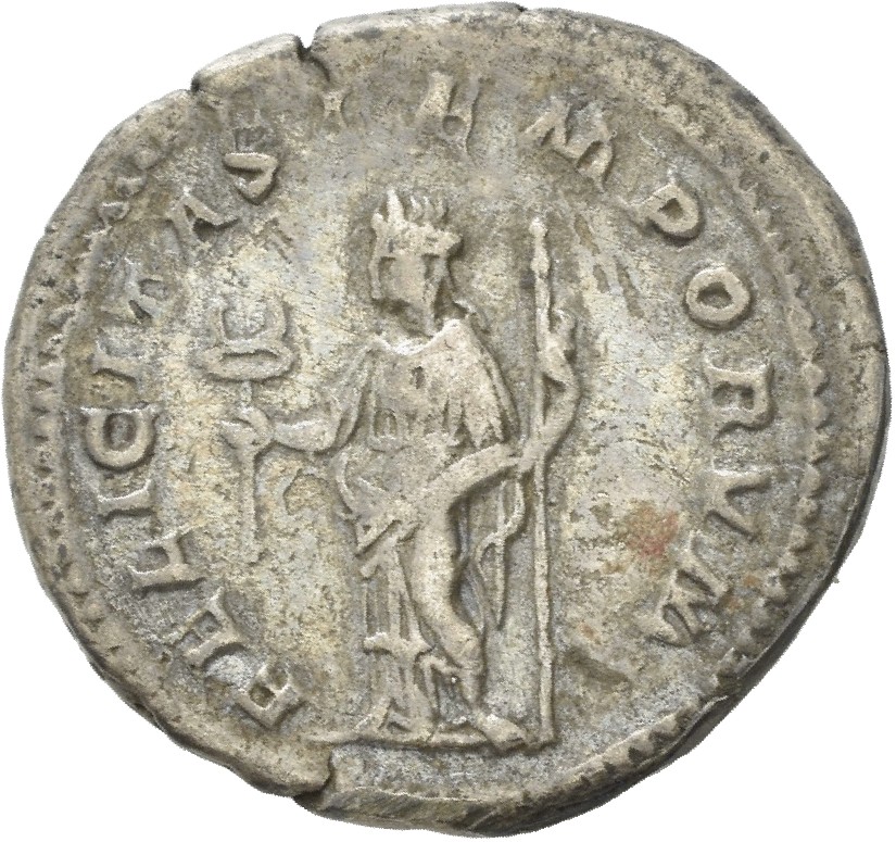 RIC IV Macrinus 63f Macrinus reverse, Felicitas, draped, standing left, holding long caduceus in right hand and cornucopia...