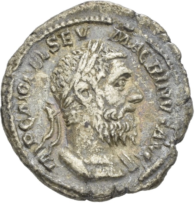 RIC IV Macrinus 67b Macrinus obverse, Bust of Macrinus, laureate, long bearded, cuirassed, right