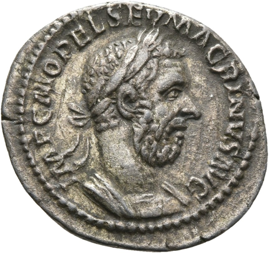 RIC IV Macrinus 67c Macrinus obverse, Bust of Macrinus, laureate, long bearded, draped, cuirassed, right