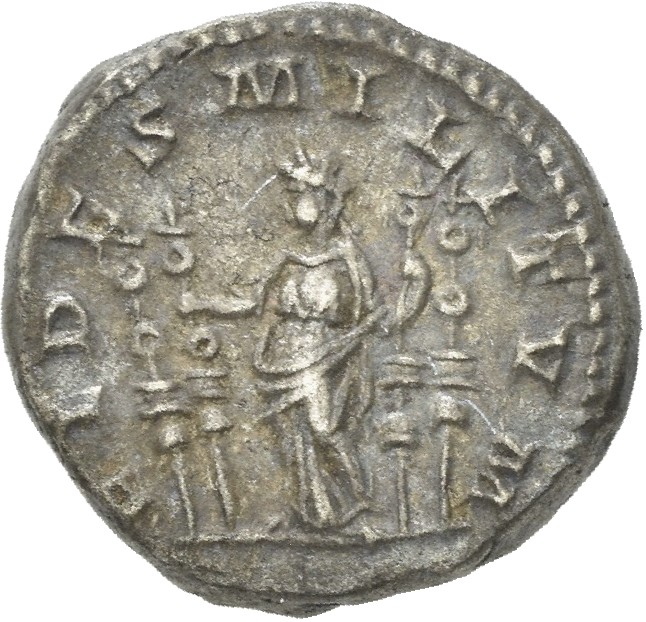 RIC IV Macrinus 68b Macrinus reverse, Fides, standing left, holding standard in each hand; a standard on each side