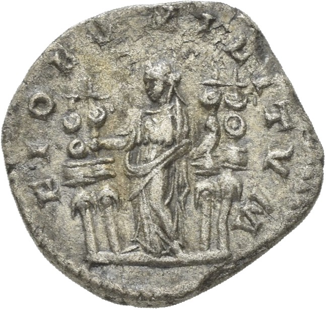 RIC IV Macrinus 68b Macrinus reverse, Fides, standing left, holding standard in each hand; a standard on each side
