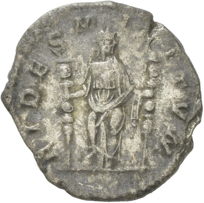RIC IV Macrinus 68c Macrinus reverse, Fides, standing left, holding standard in each hand; a standard on each side