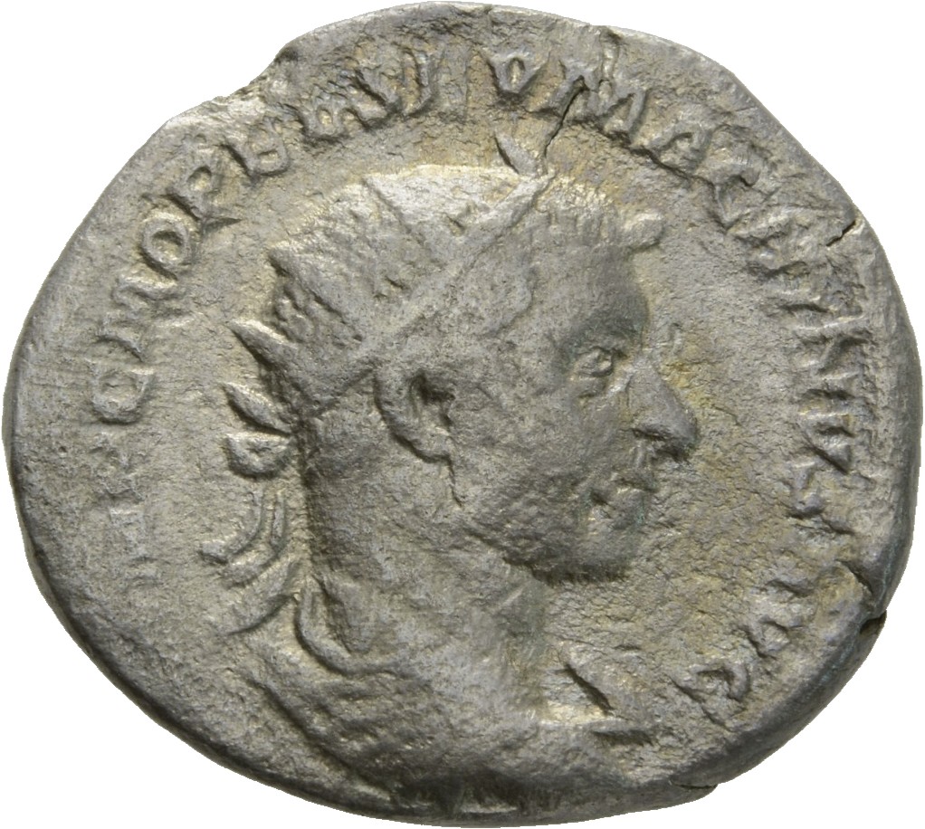 RIC IV Macrinus 69f Macrinus obverse, Bust of Macrinus, radiate, cropped bearded, draped, cuirassed, right