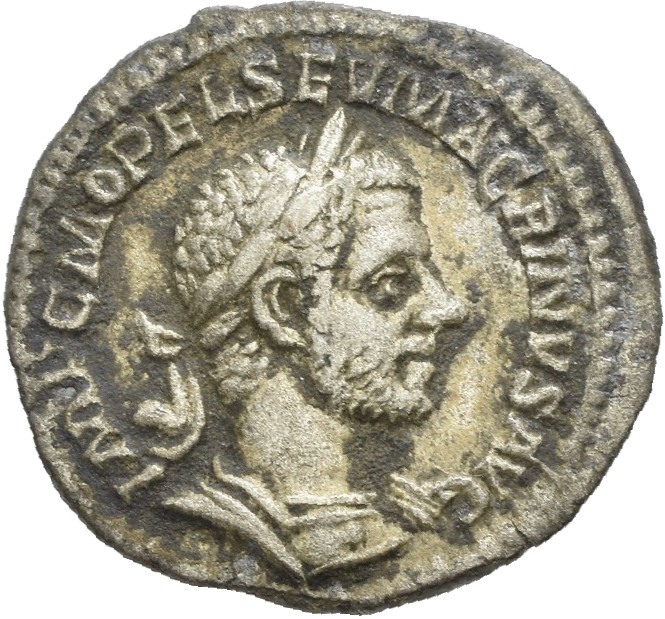RIC IV Macrinus 6b Macrinus obverse, Bust of Macrinus, laureate, cropped bearded, cuirassed, right