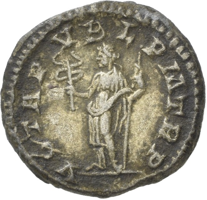 RIC IV Macrinus 6b Macrinus reverse, Felicitas, draped, standing left, holding short caduceus in right hand and sceptre in...